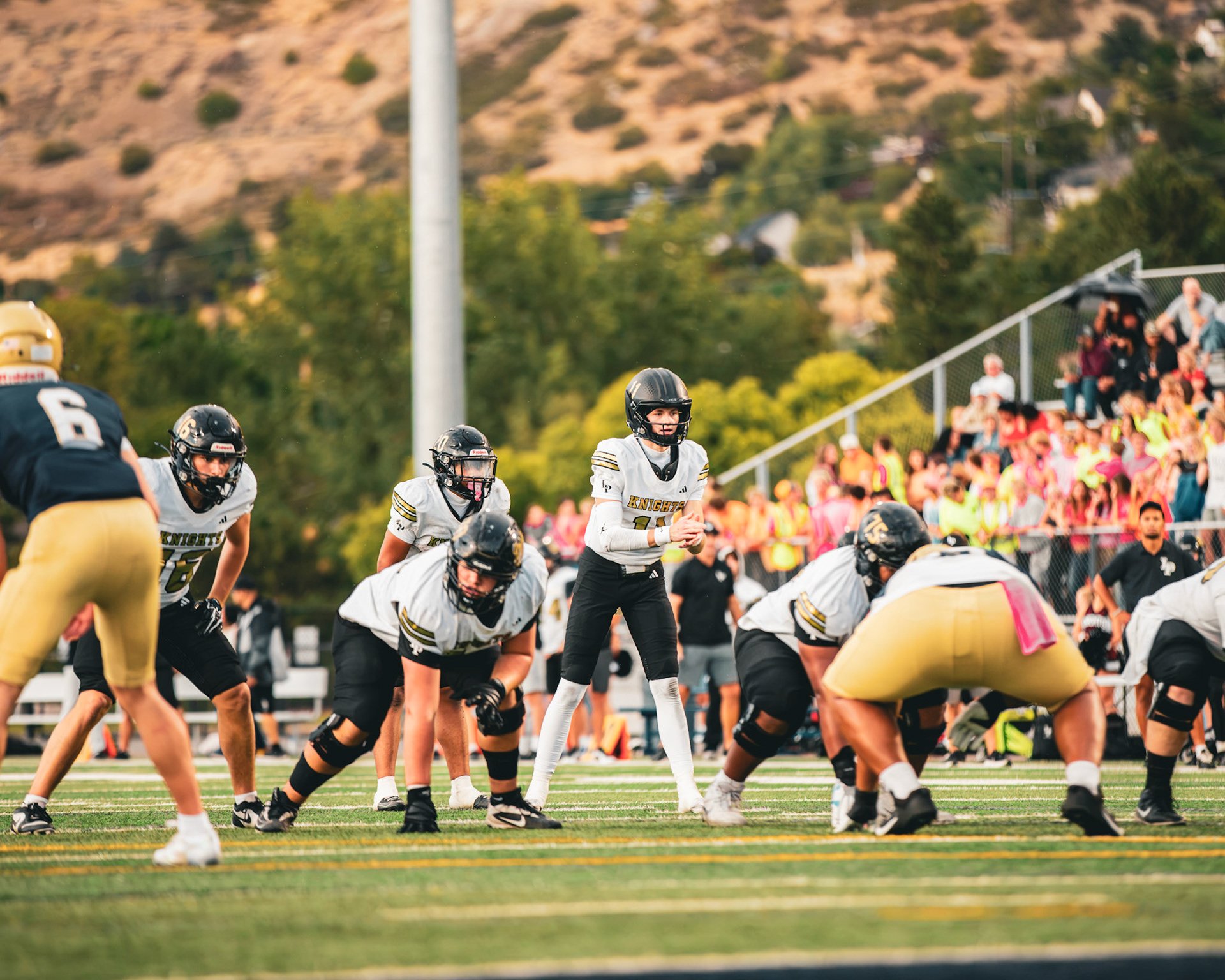 Quarterback reading the defense before the snap, mountains in the background